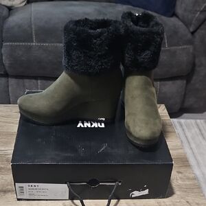 DKNY Green Wedge Boots with Black Fur Cuff